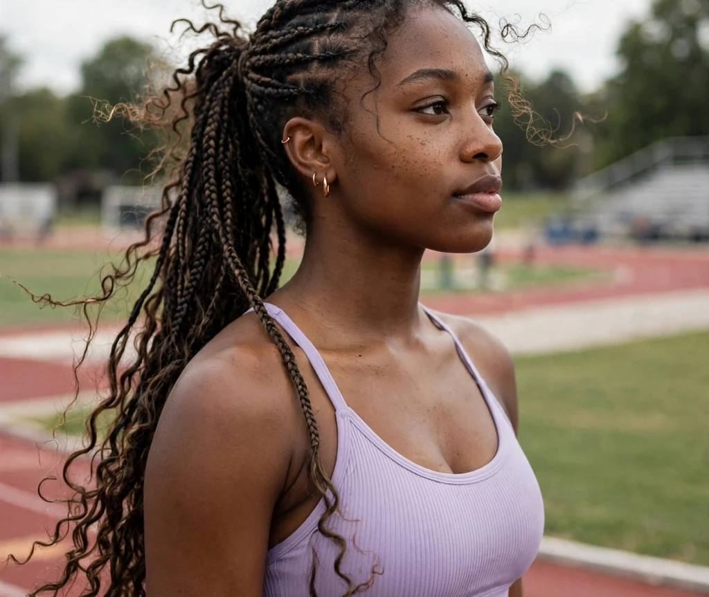 Black woman with boho braids in a long braided ponytail with curly ends on a running track