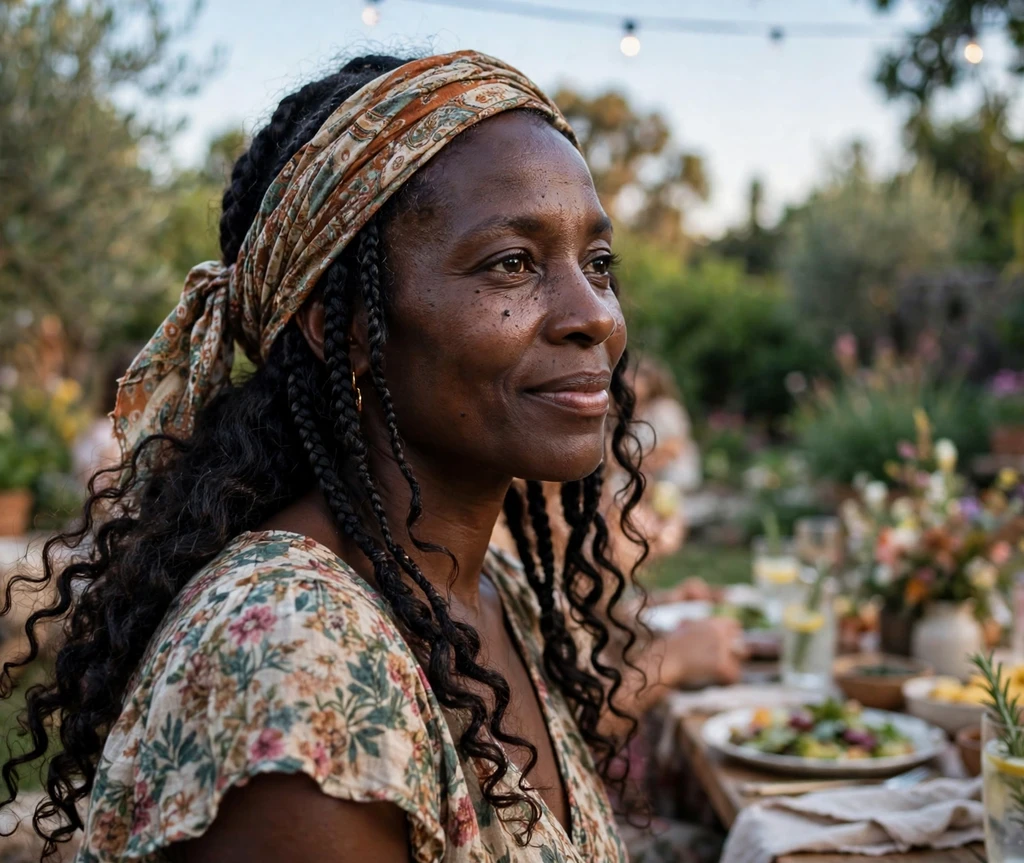 Black woman with boho braids and a patterned headband wrap with curly ends at a garden party