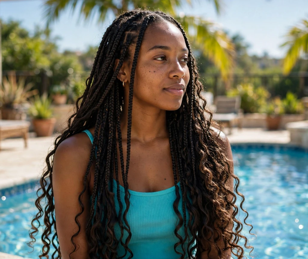 Black woman with ultra-long mermaid boho braids with flowing curls poolside