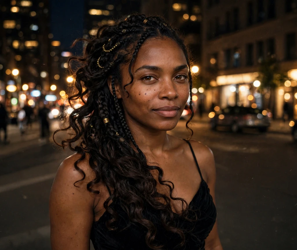 Black woman with boho braids swept to one side with big curls in city night lights