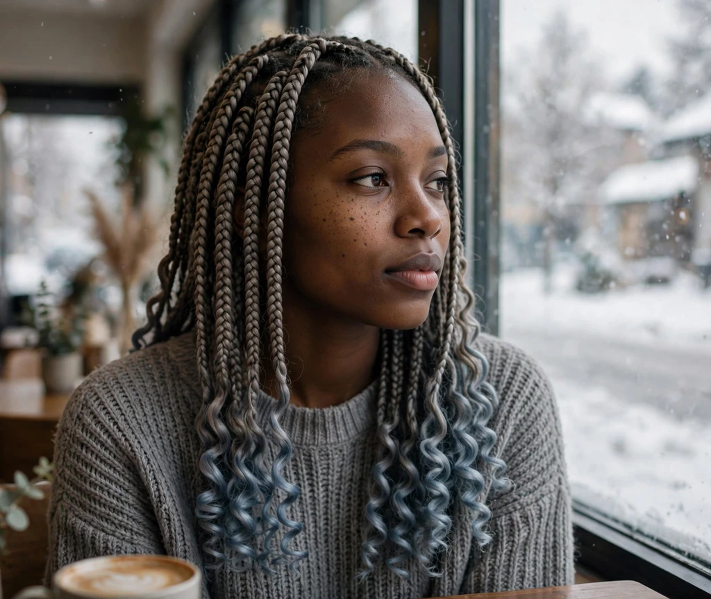 Black woman with ash-brown boho braids with cool-toned curly ends in a cafe