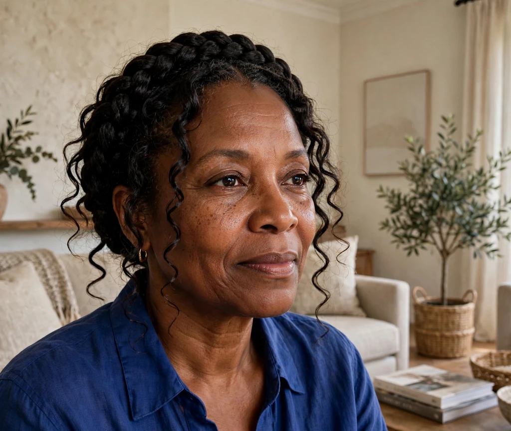 Black woman with a boho braid crown updo with loose curls framing her face in a living room