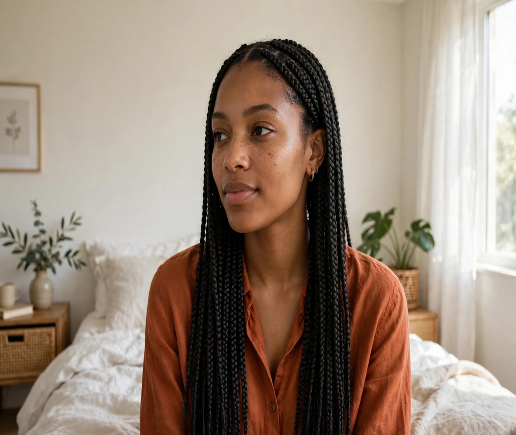 Black woman with classic waist-length box braids in a bedroom