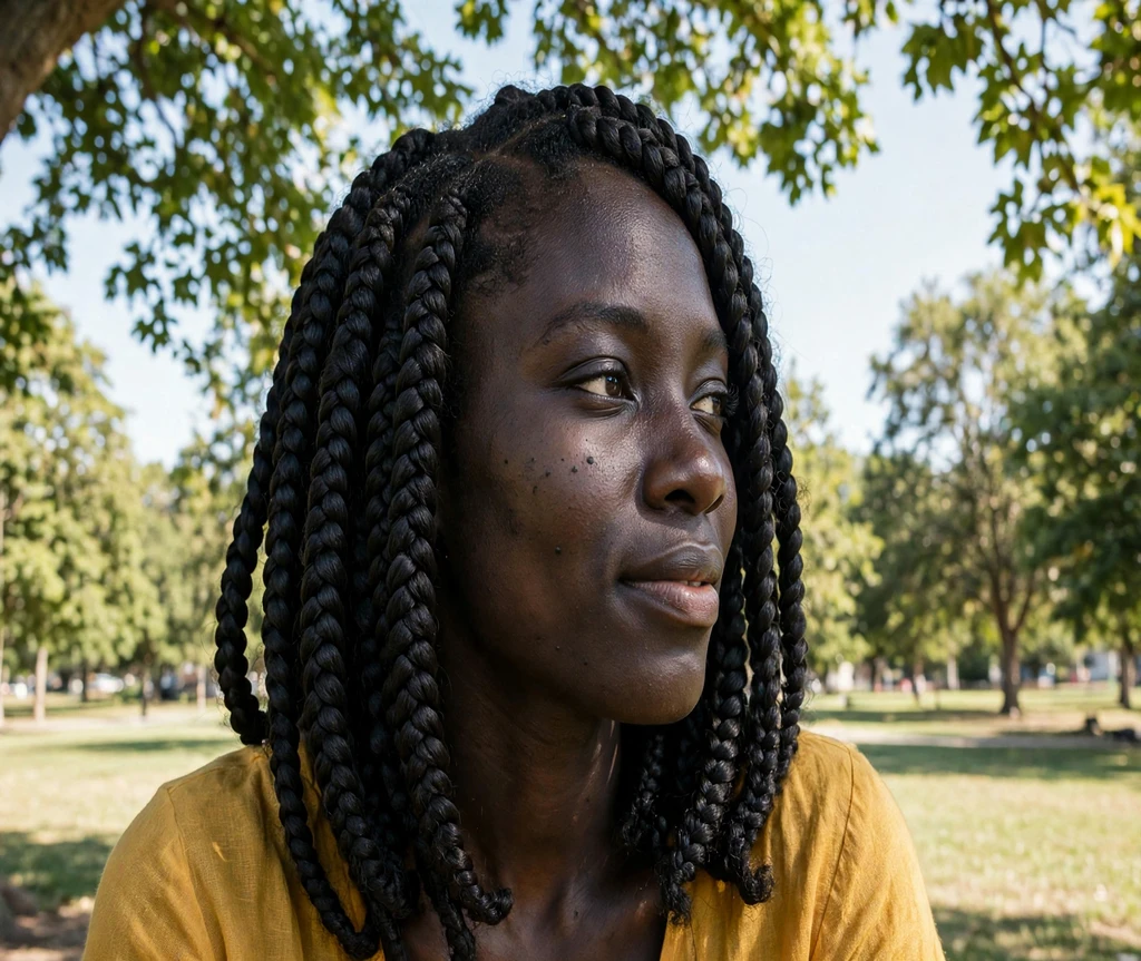 Black woman with jumbo box braids in a sunny park