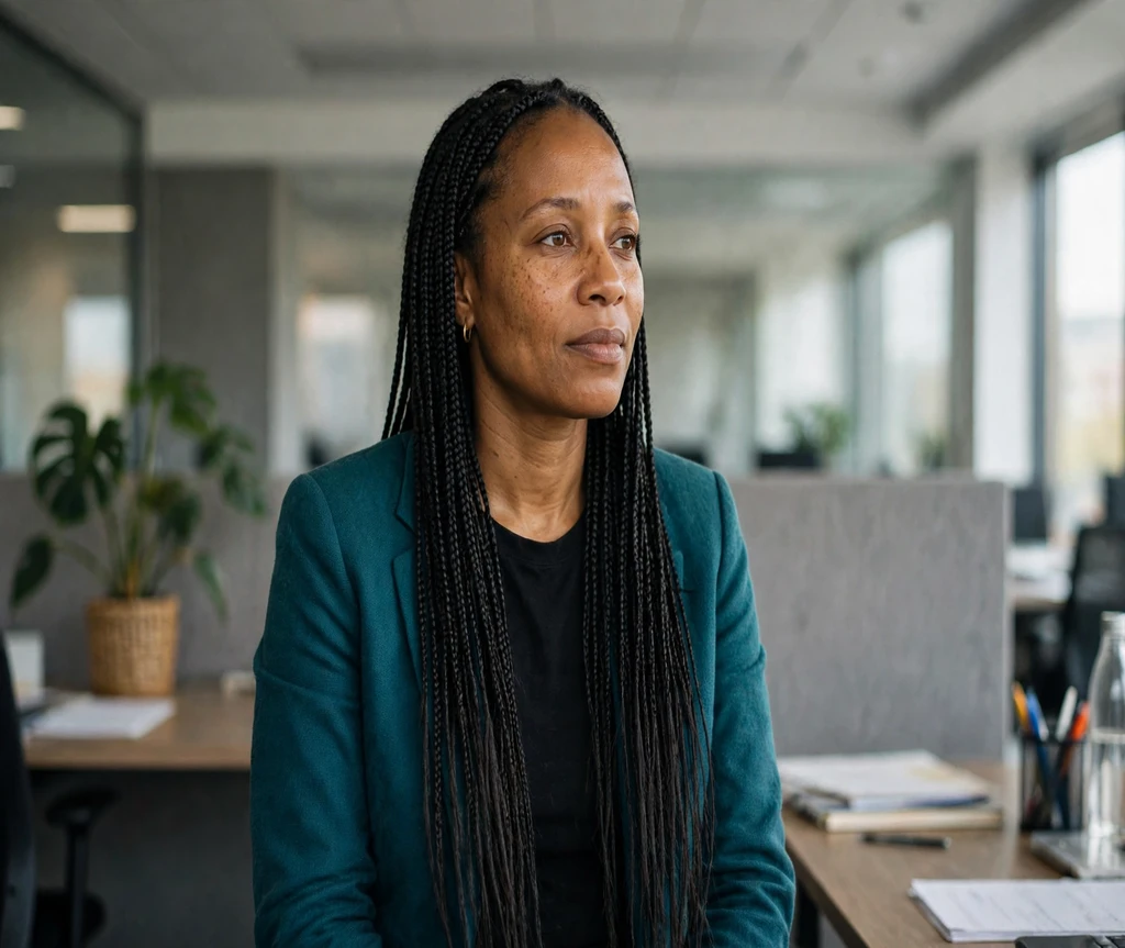 Black woman with small box braids in a modern office