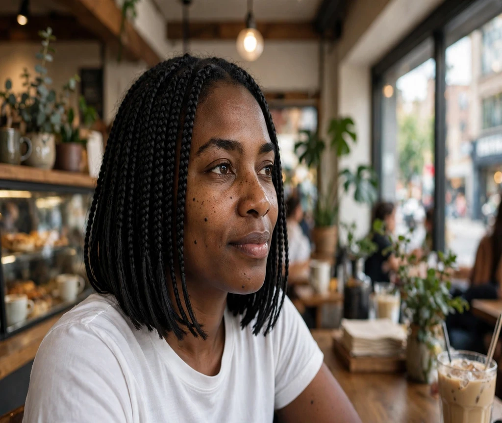 Black woman with a shoulder-length box braid bob in a coffee shop