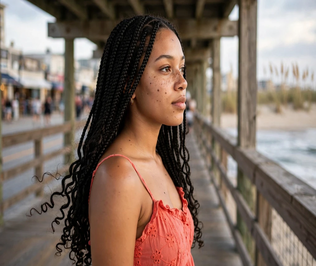 Black woman with box braids and curly ends on a beach boardwalk
