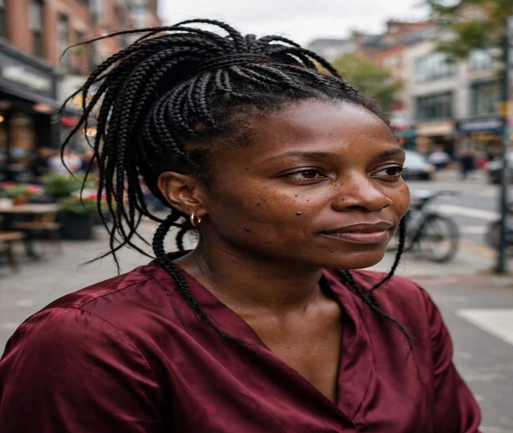 Black woman with box braids in a high ponytail on a city street