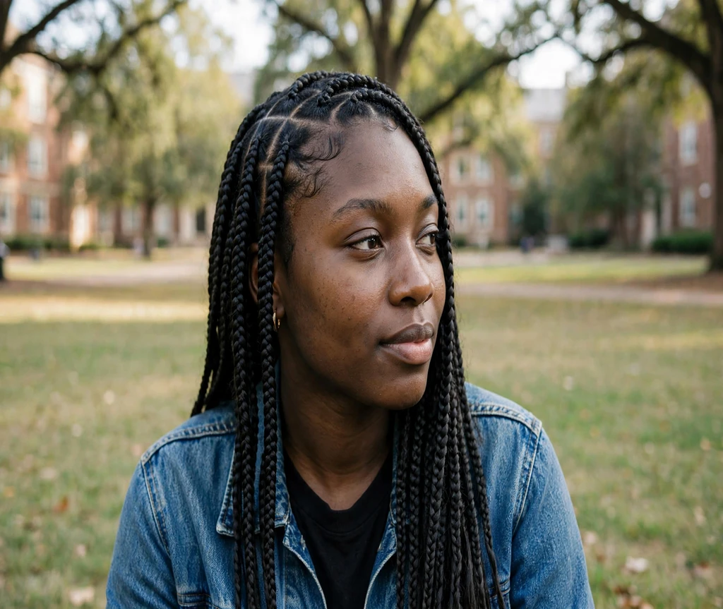 Black woman with triangle-part box braids on a college campus lawn