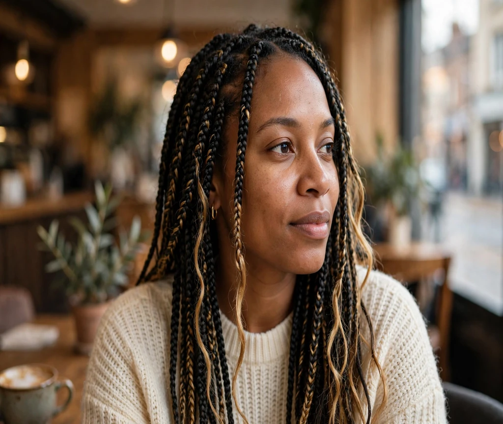 Black woman with box braids and honey blonde highlights in a cozy cafe