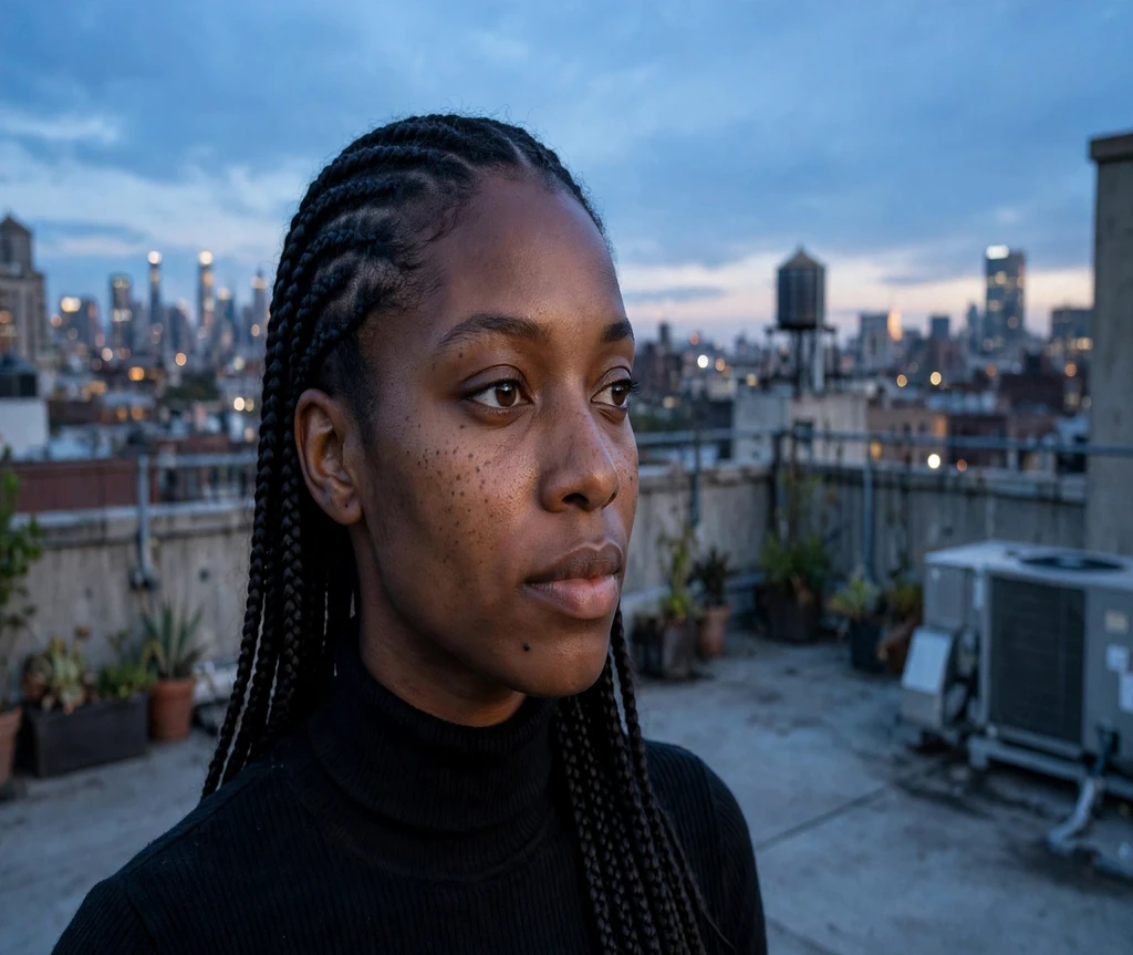 Black woman with middle-part box braids on a city rooftop