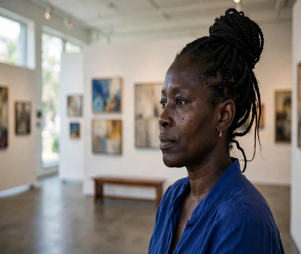 Black woman with box braids in a high bun at an art gallery