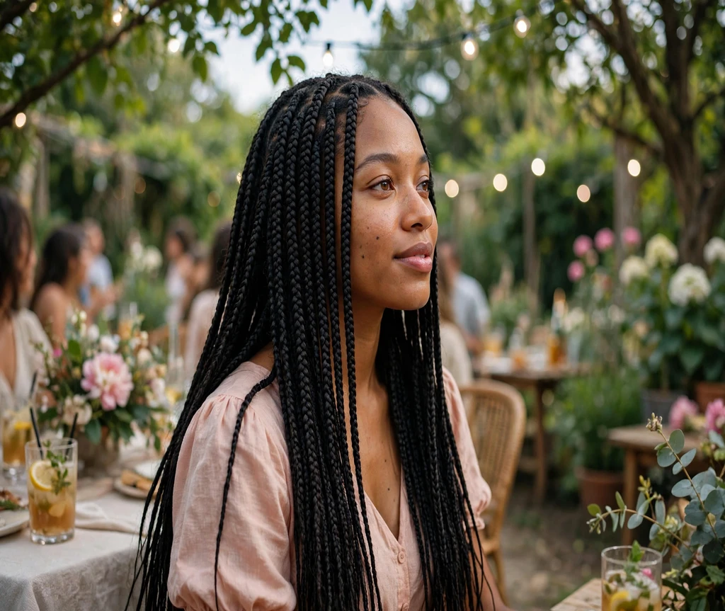 Black woman with knee-length box braids at a garden party