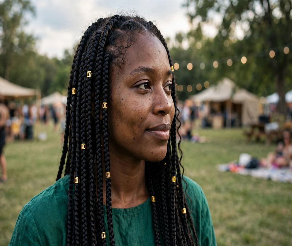 Black woman with box braids and gold cuffs on a festival lawn