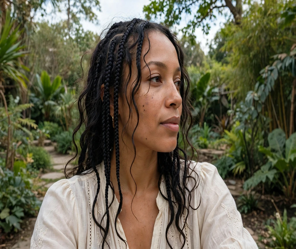 Black woman with boho box braids in a botanical garden