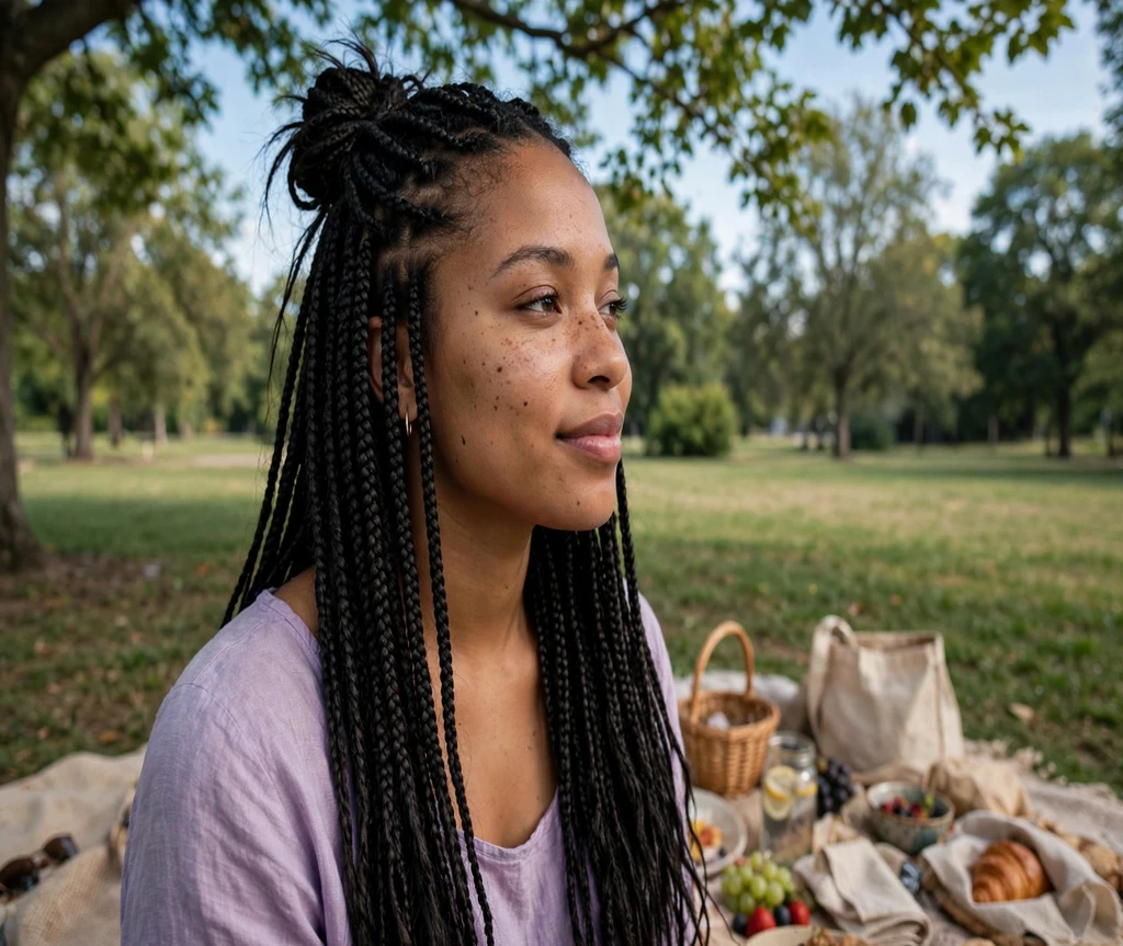 Black woman with half-up half-down box braids at a park picnic
