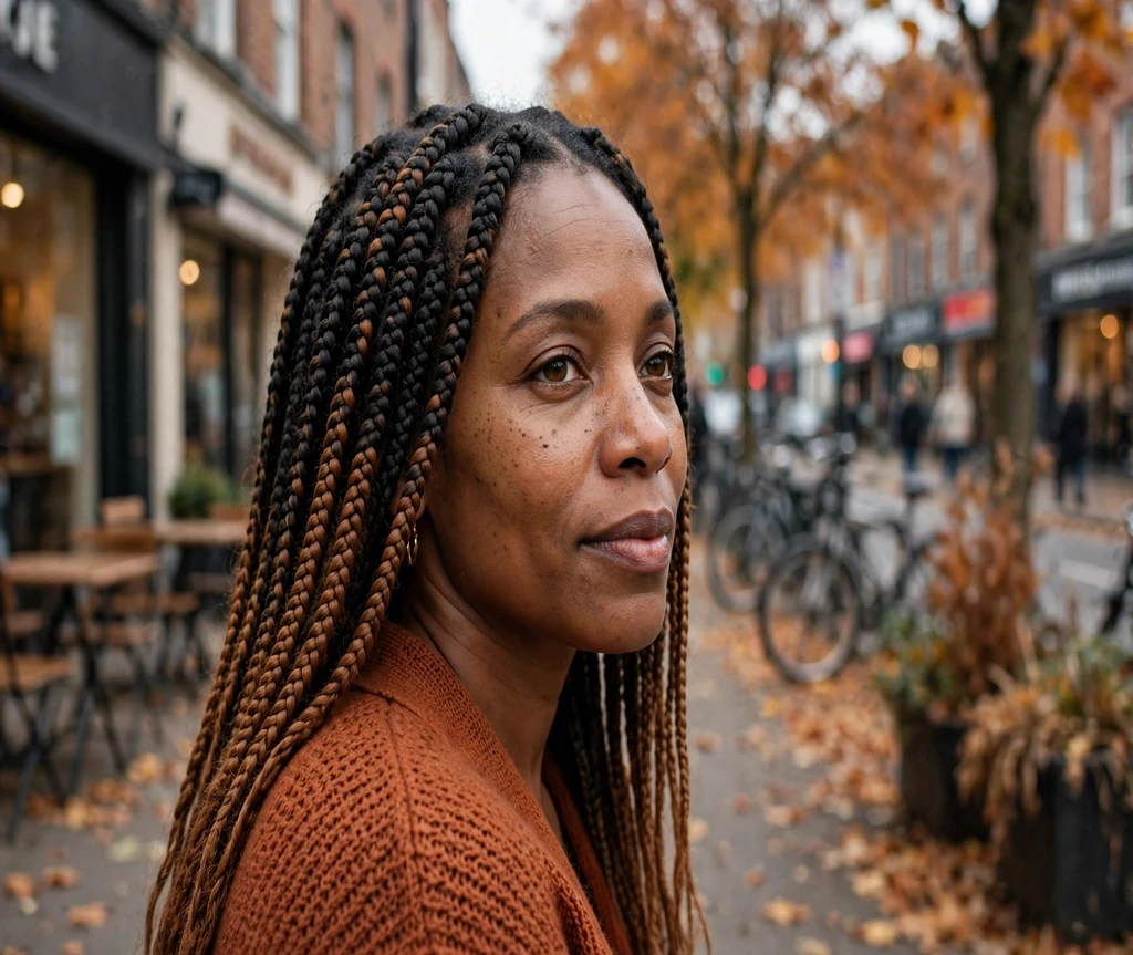 Black woman with ombre box braids on an autumn street
