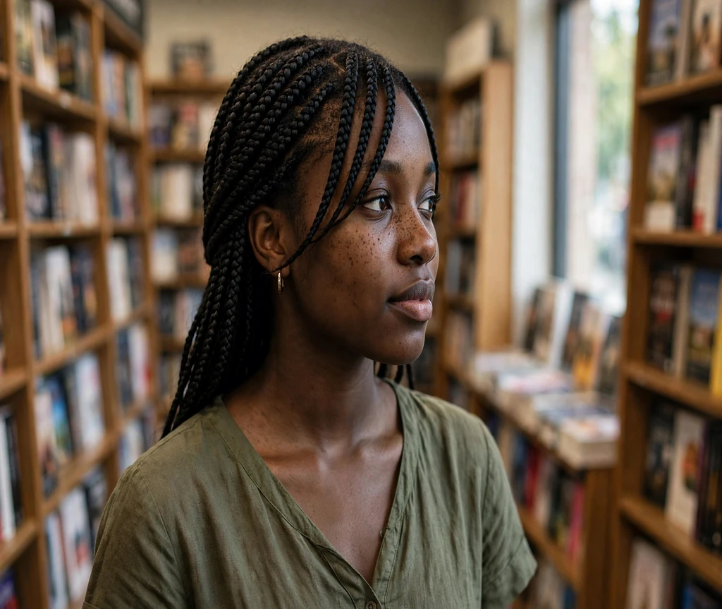 Black woman with box braids and side-swept bangs in a bookstore
