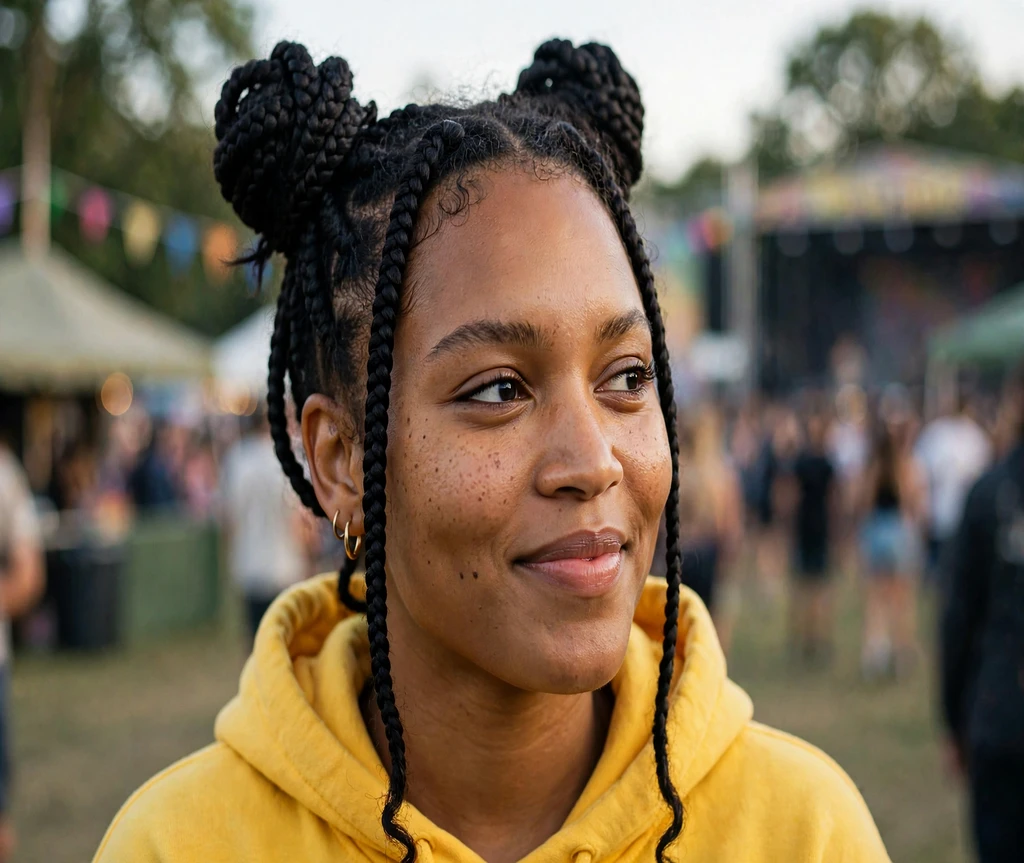 Black woman with jumbo box braid space buns at a music festival