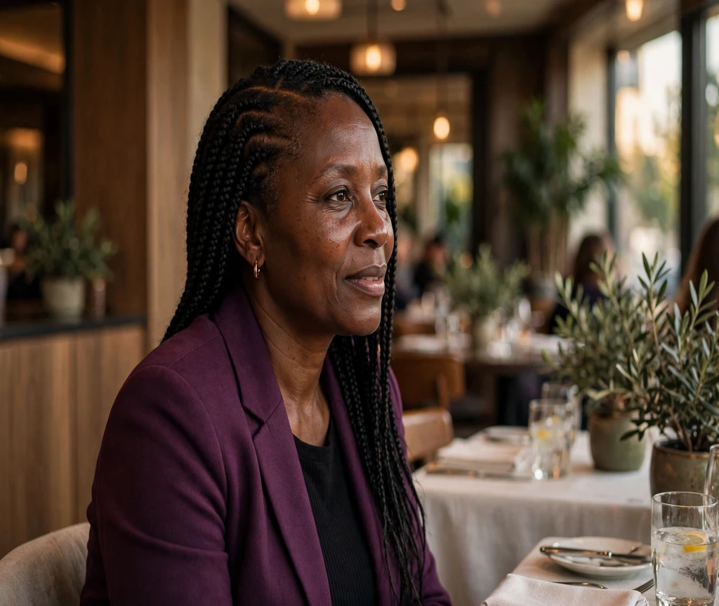 Black woman with side-part box braids in an elegant restaurant
