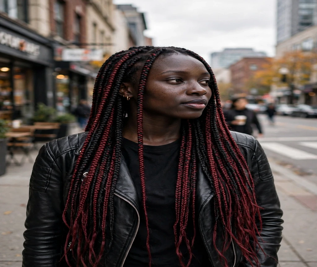 Black woman with burgundy-accent box braids on a downtown sidewalk