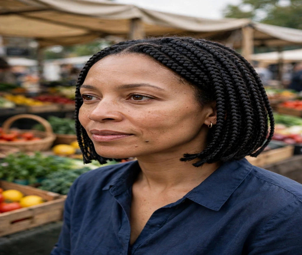Black woman with short chin-length box braids at a farmers market
