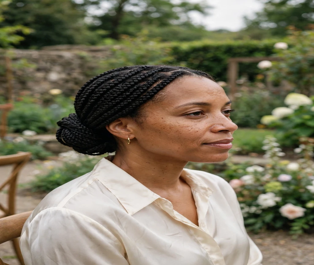 Black woman with box braids in a low bun in a wedding garden