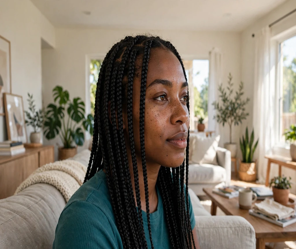 Black woman with knotless box braids in a bright living room