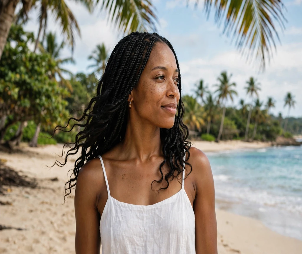Black woman with box braids and beach waves on a tropical beach