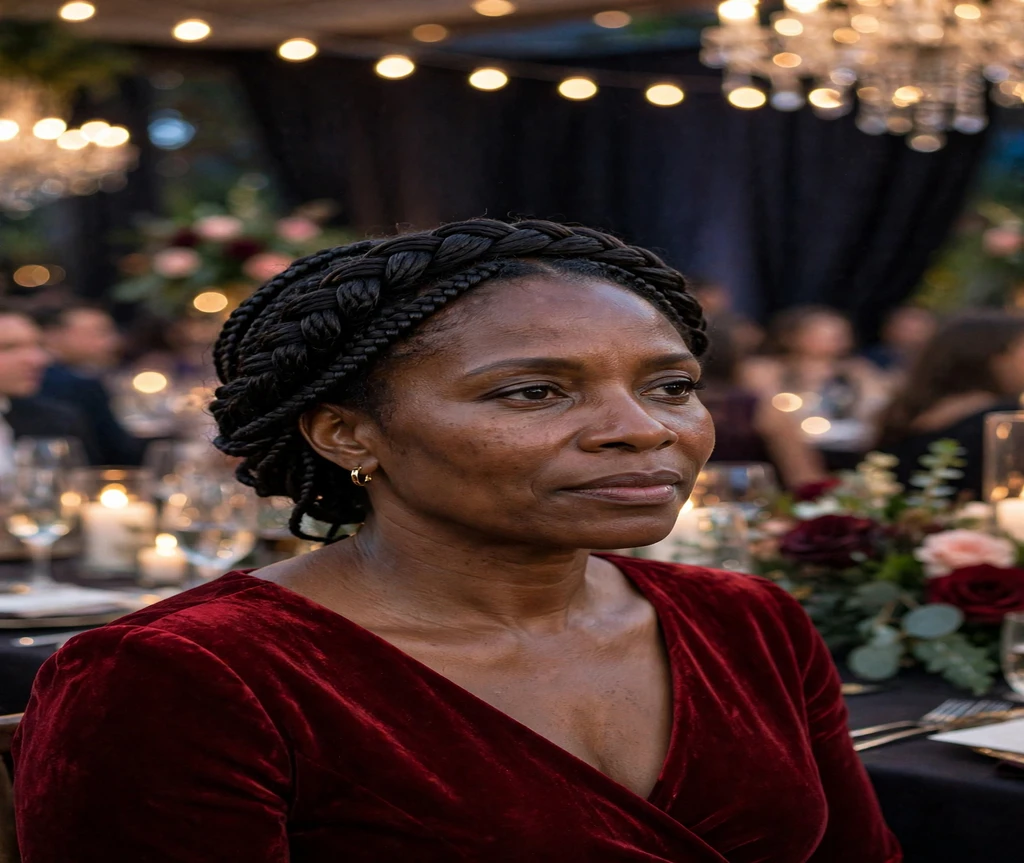 Black woman with a braided crown updo at an evening gala
