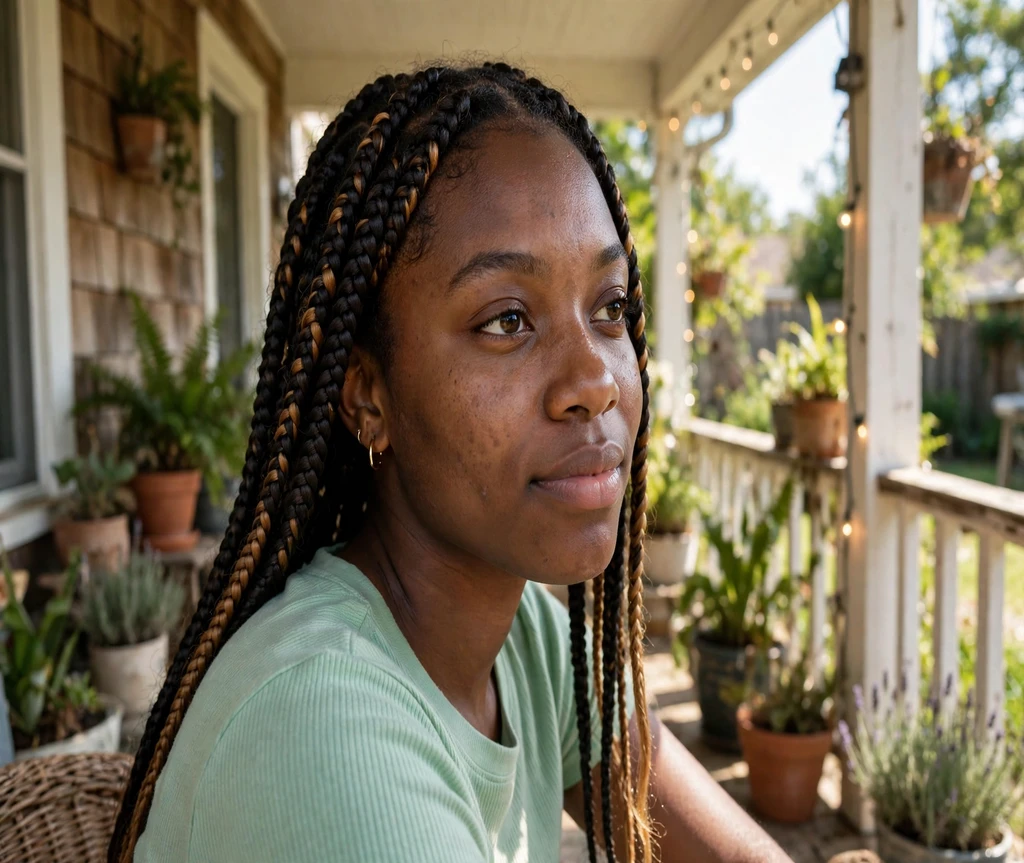 Black woman with caramel-highlighted box braids on a sunny porch
