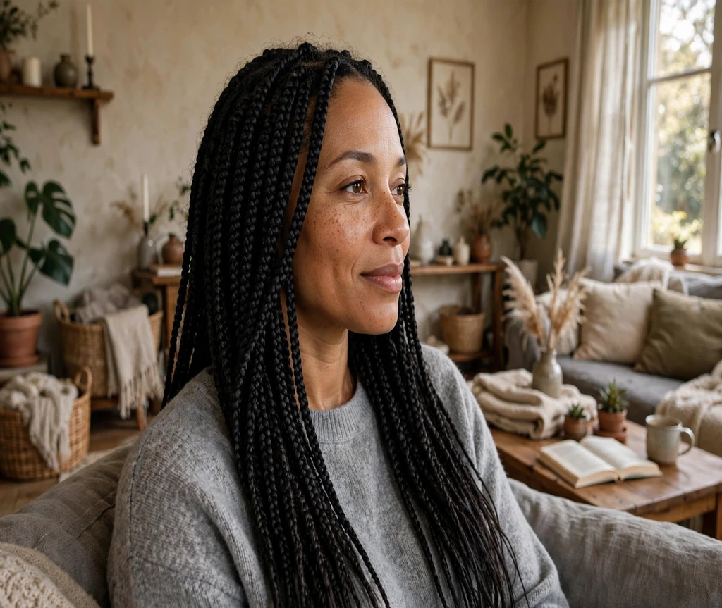 Black woman with side-swept box braids in a cozy living room