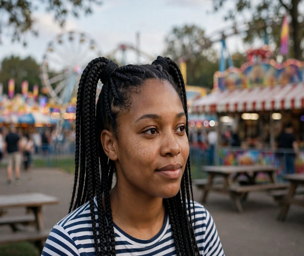 Black woman with box braids in double pigtails at an amusement park