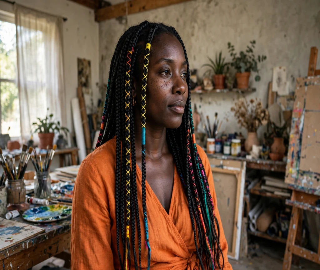 Black woman with thread-wrapped box braids in an art studio