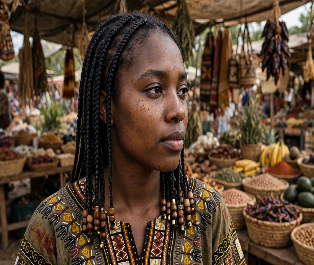 Black woman with beaded box braids at a cultural market