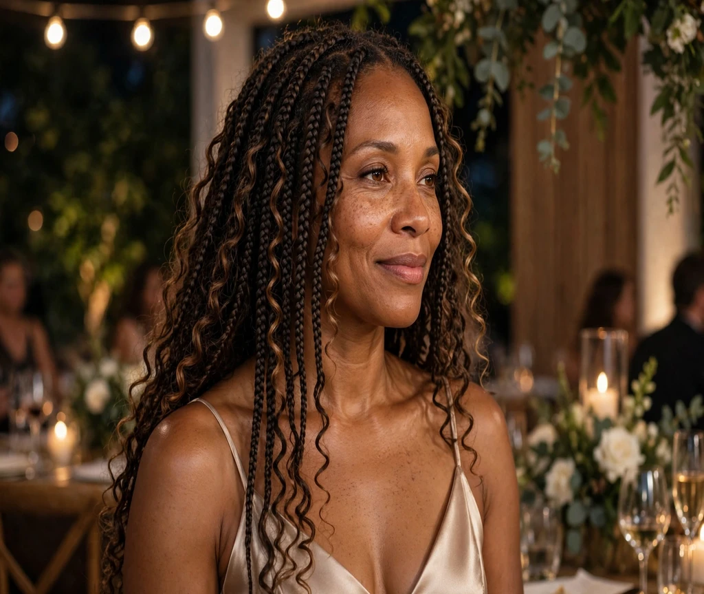 Black woman with goddess box braids at an elegant party
