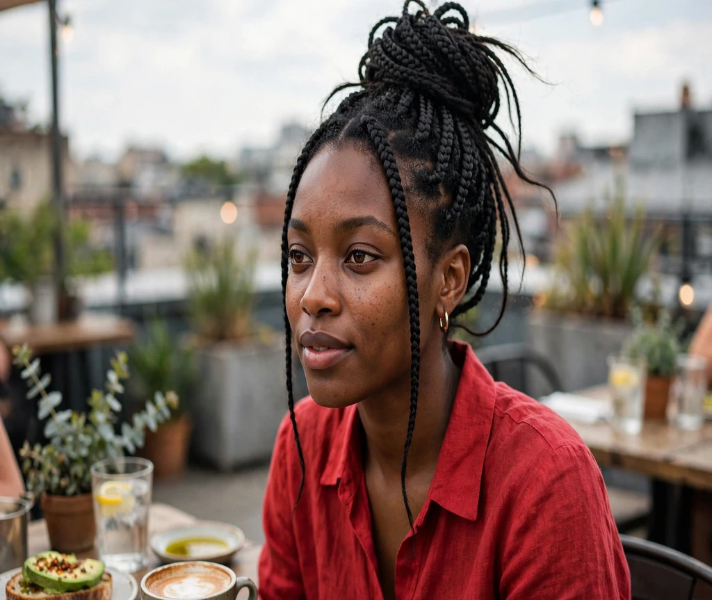 Black woman with a box braid top knot at a rooftop brunch