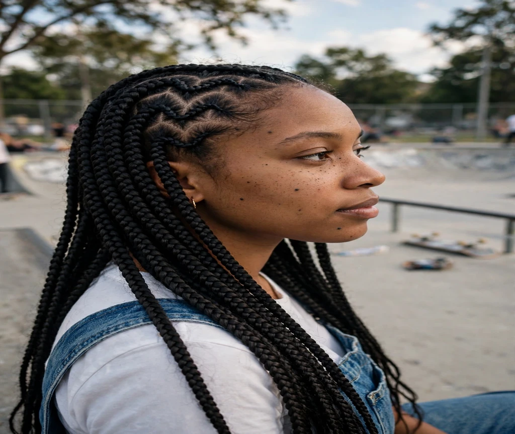 Black woman with freestyle box braids at a skate park