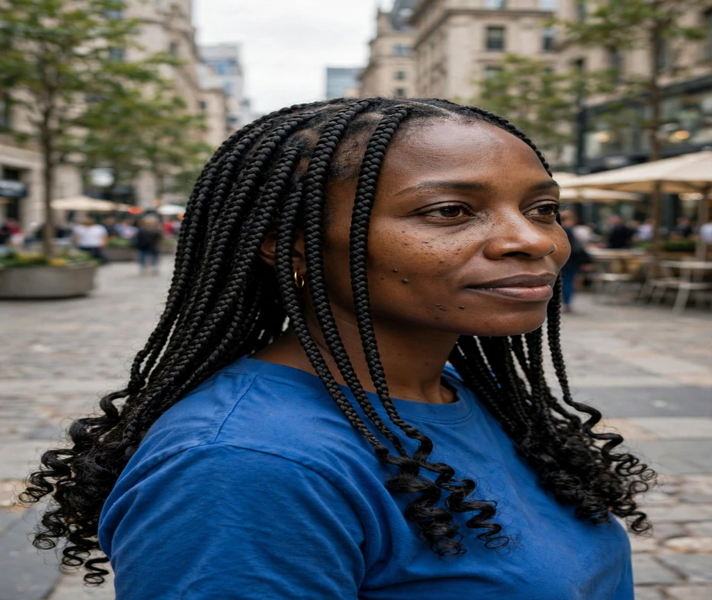 Black woman with box braids and curly puff ends in a city plaza