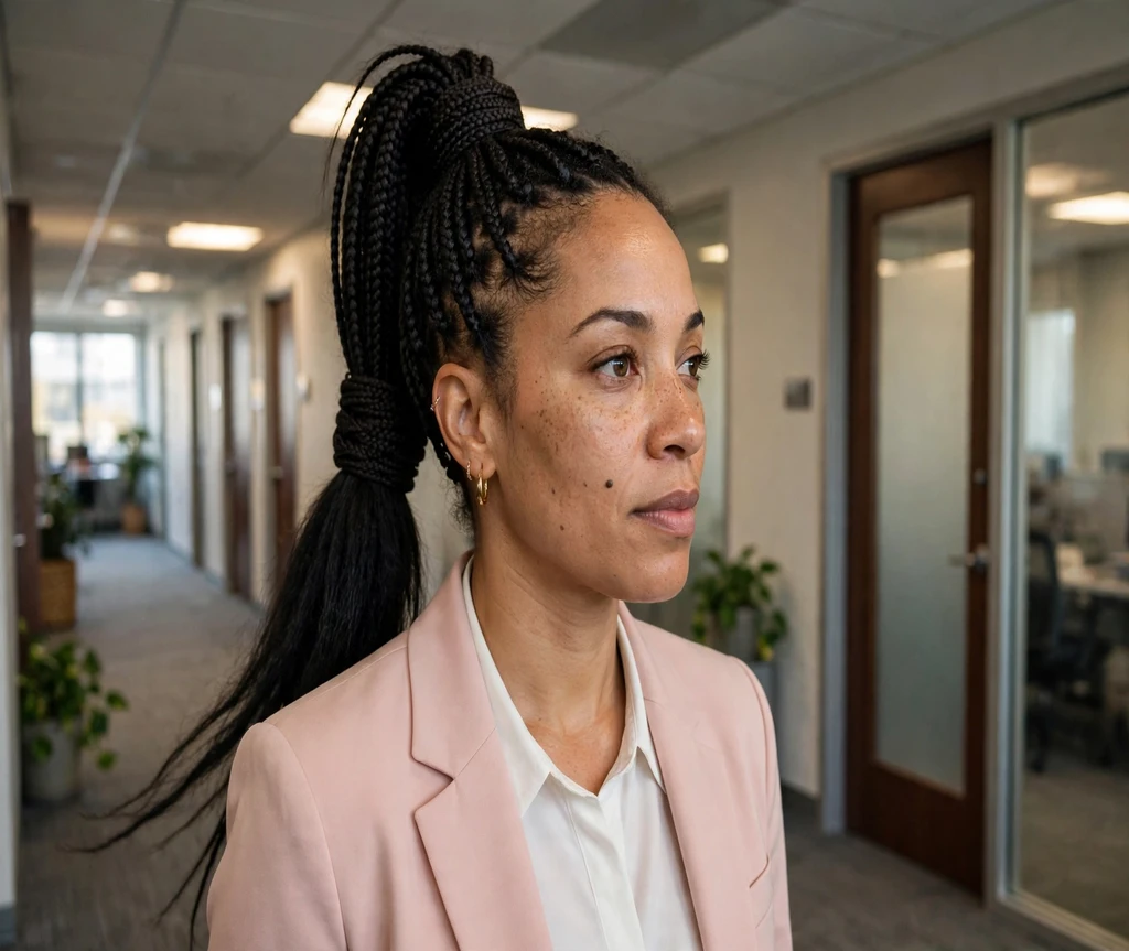 Black woman with a wrapped-base box braid ponytail in an office hallway