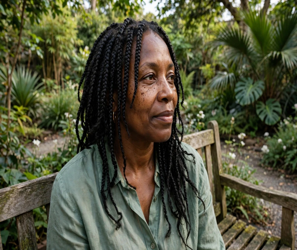 Black woman with layered box braids on a botanical garden bench