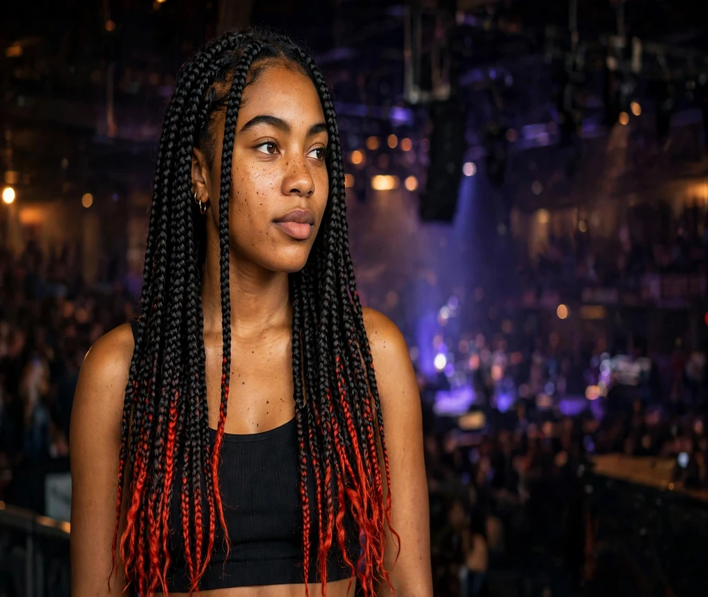 Black woman with red-tipped box braids at a concert venue
