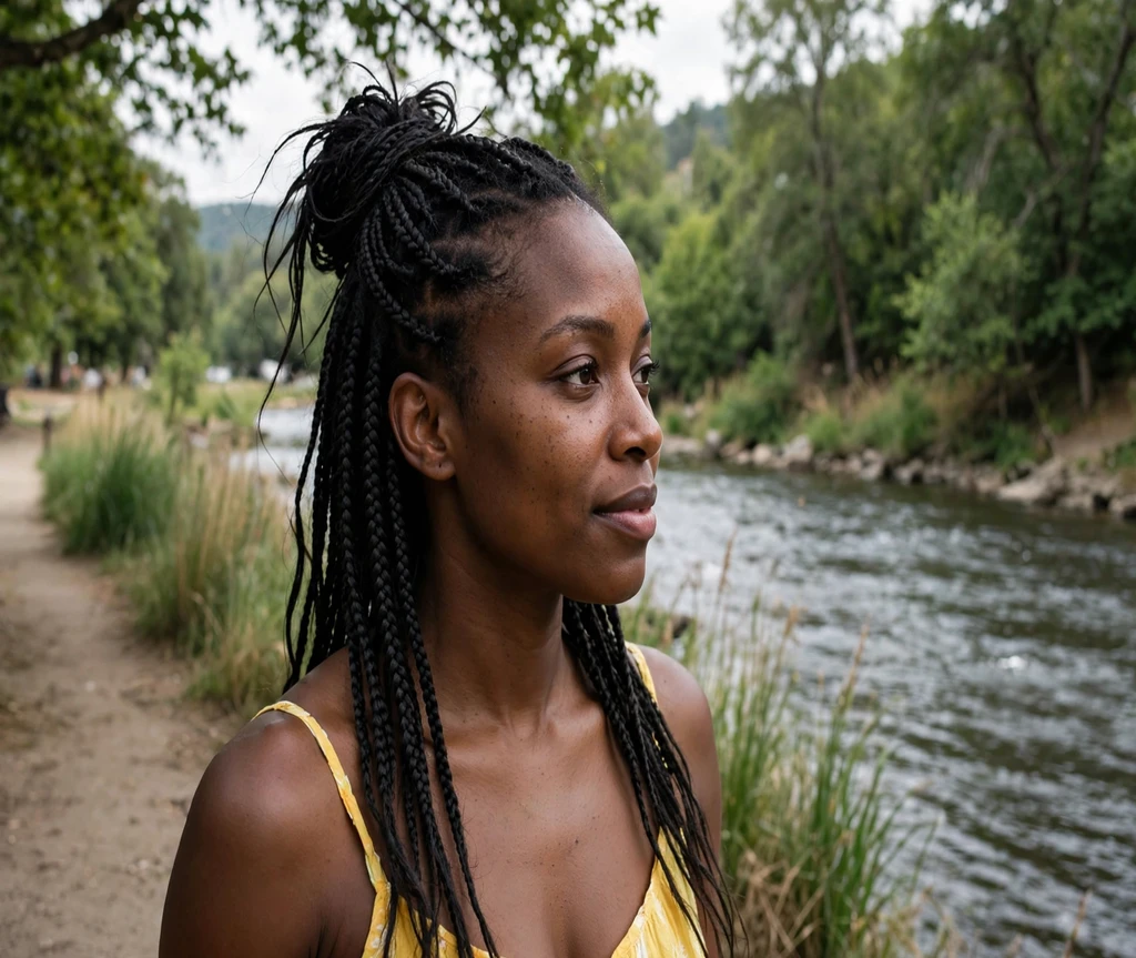 Black woman with a half-up box braid bun on a riverside walk