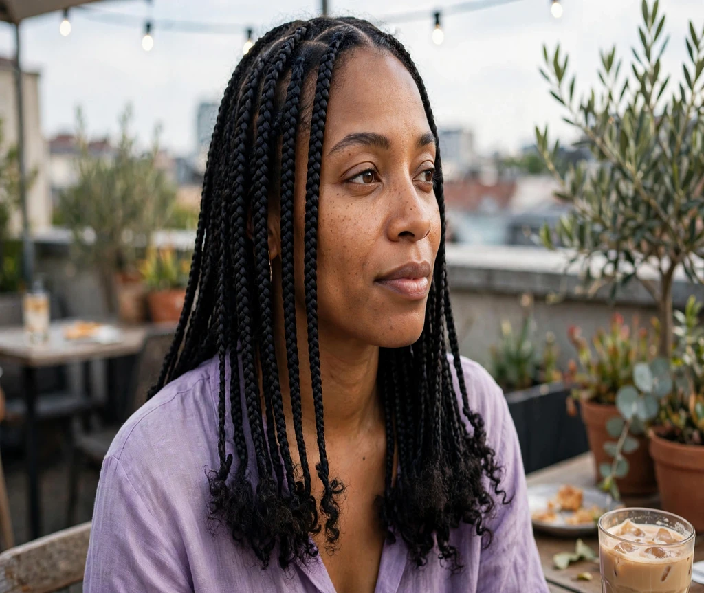 Black woman with butterfly-ended box braids at a rooftop cafe