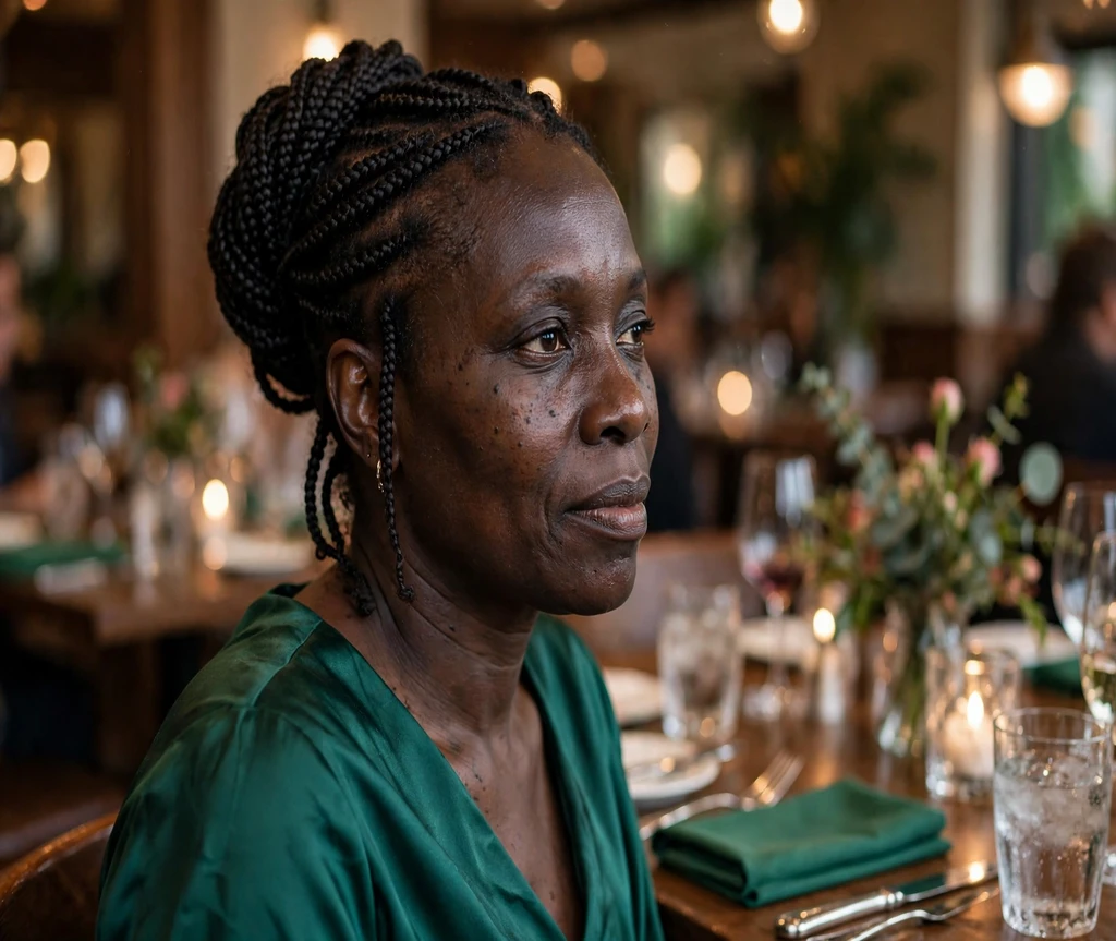 Black woman with small box braids in an elegant updo at a formal dinner
