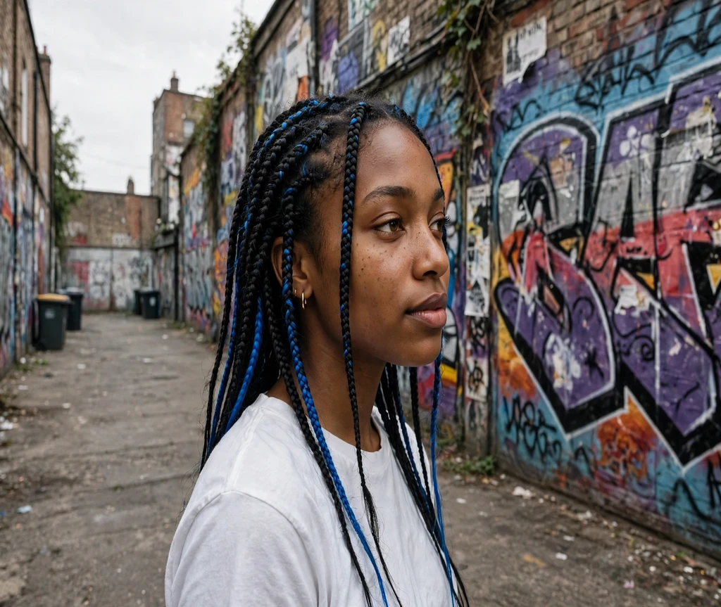 Black woman with blue-highlighted box braids in a street art alley