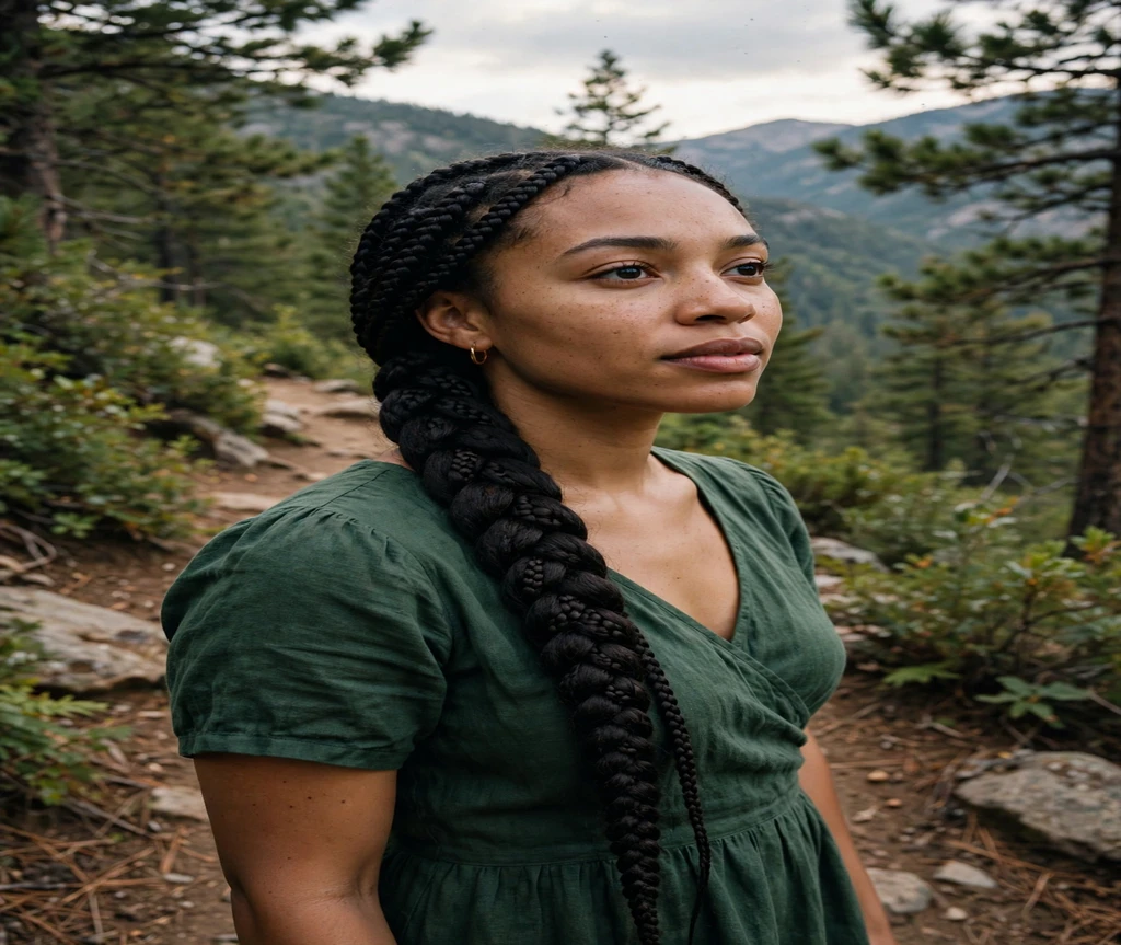 Black woman with box braids woven into one big braid on a mountain trail