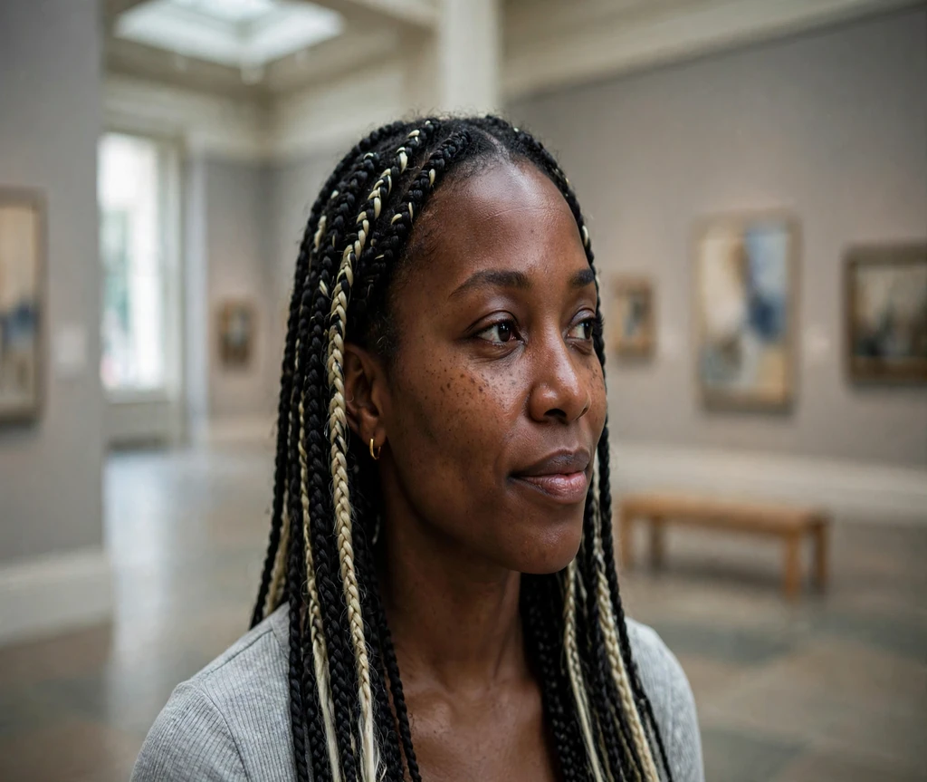 Black woman with platinum-accented box braids in an art museum