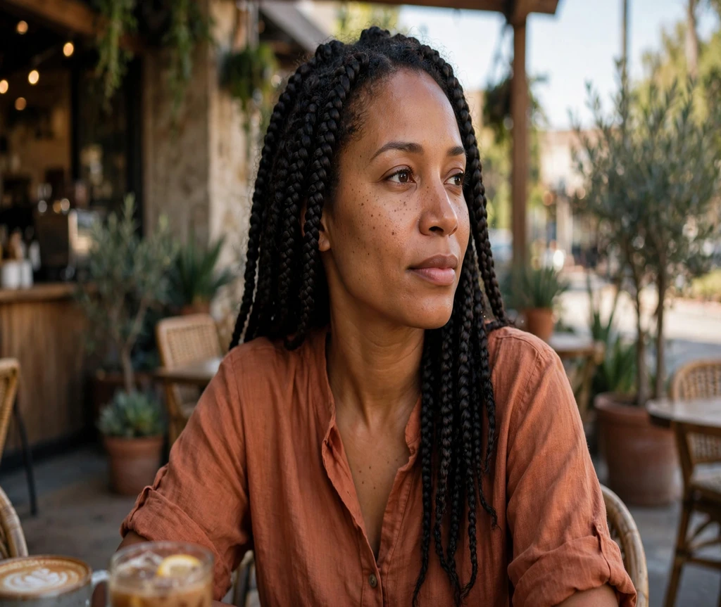 Black woman with chunky box braids on a coffee shop patio