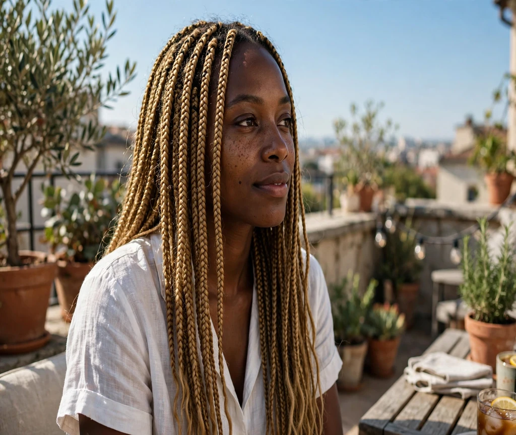 Black woman with honey blonde box braids on a sunny terrace